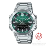 ساعت مچی مردانه کاسیو (Casio) مدل AMW-870DA-3AVDF (آنالوگ-دیجیتال، صفحه سبز-مشکی، بدنه و بند استیل، باتری 10 ساله)