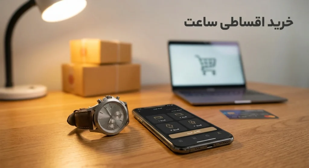 گوشی روی میز با یه ساعت کنارش